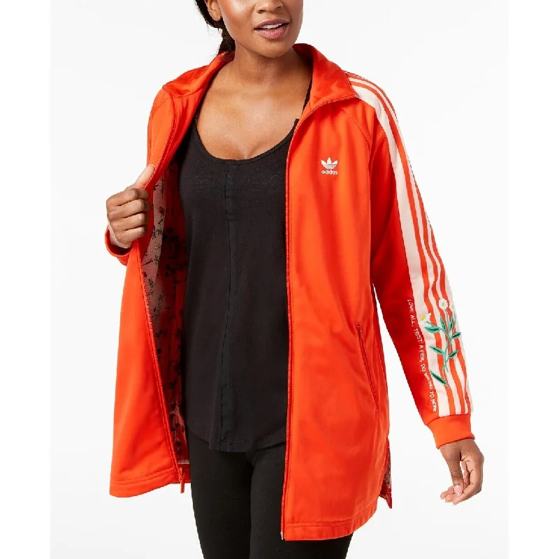 Adidas Originals Women's Embroidered Long-Line Track Jacket Dark Orange Size Extra Large - XL