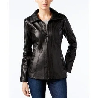 Anne Klein Women's Convertible Collar Zip-front Leather Jacket Black Small - S