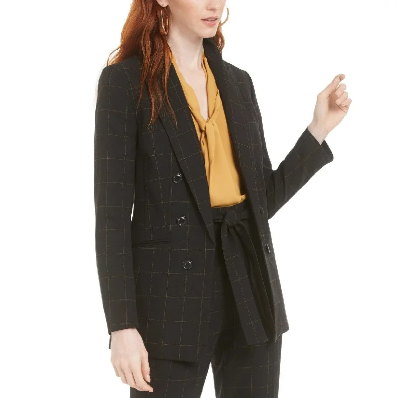 Bar III Women's Faux-Double-Breasted Windowpane-Print Jacket Black Size 14