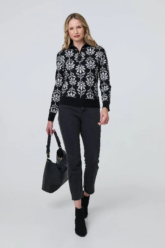 Floral Zip Neck Long Sleeve Pullover