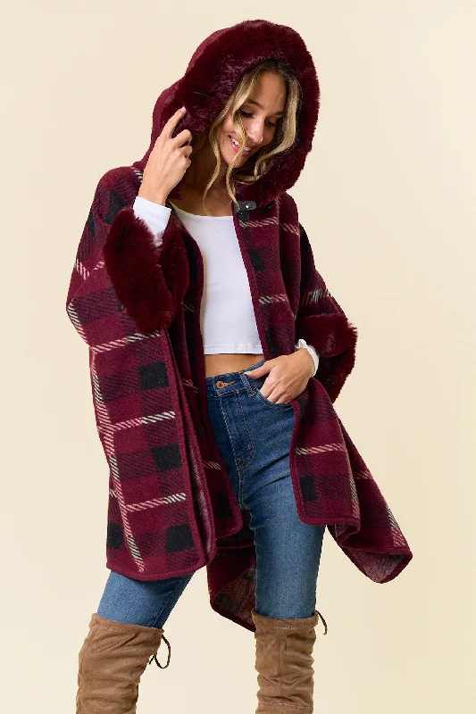 Faux Fur Coat w/ Plaid Jacquard