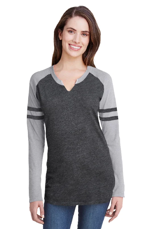 LAT Womens Gameday Mash Up Fine Jersey Long Sleeve V-Neck T-Shirt - Vintage Smoke Grey/Heather Grey