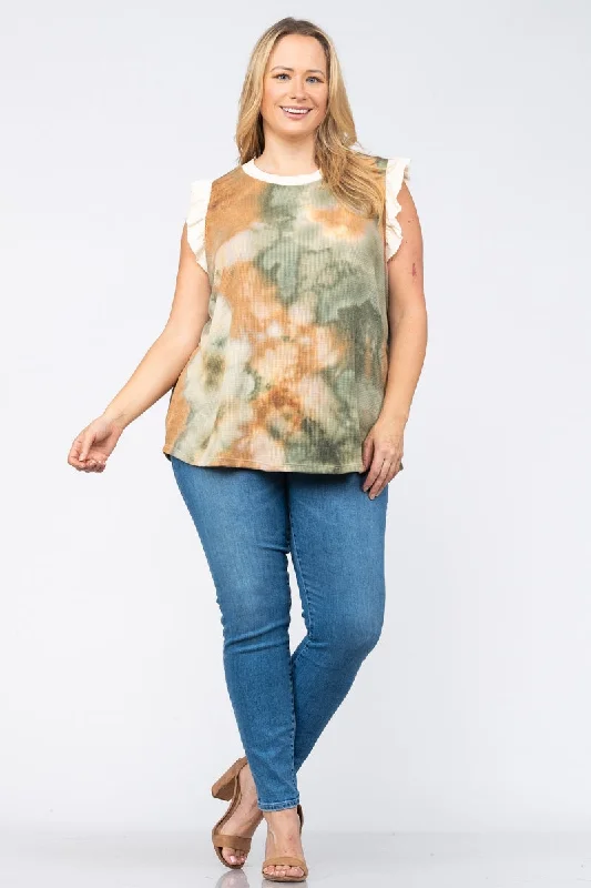 FOREST GREEN DIJON TIE DYE THERMAL WAFFLE KNIT PLUS SIZE TOP-PTT3040P