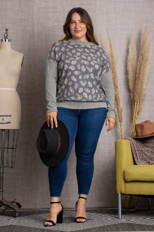Large women's long topsGREY LEAVES PRINT RIB CONTRAST PLUS SIZE TOP-TP1952