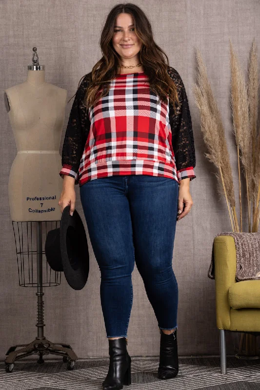 Plus size women's chiffon topsRED/BLACK LACE DETAILED LONG SLEEVES PLUS SIZE TOP-TP2018