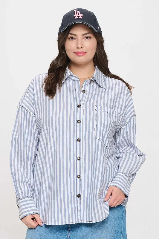 Tessa Striped Collared Shirt, Blue | Plus Size