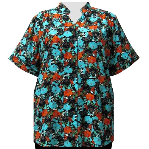 Turquoise Floral Garden Collar V-Neck Tunic Women's Plus Size Blouse